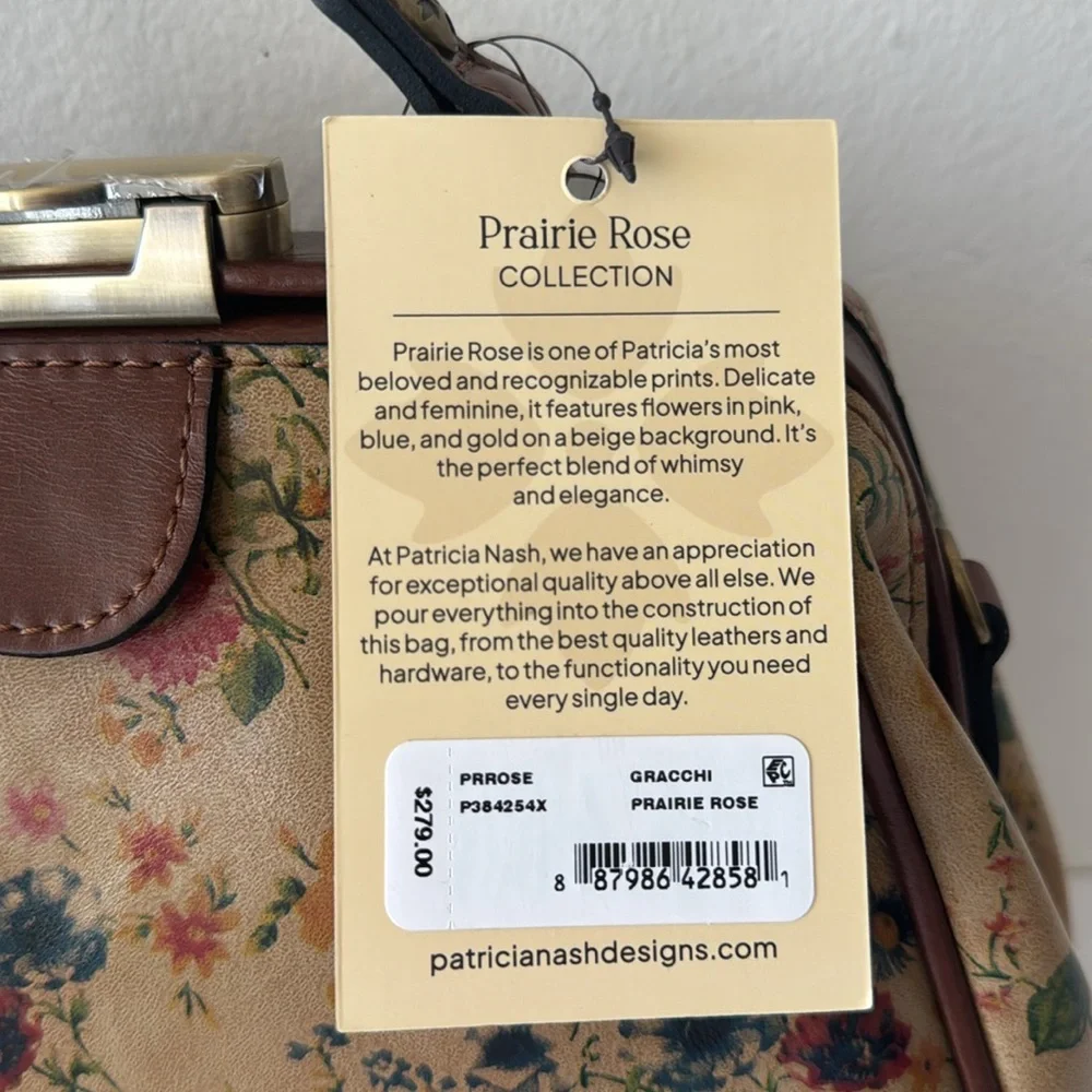 Patricia Nash Gracchi Prairie Rose Tan Framed Leather Satchel Xbody Floral
